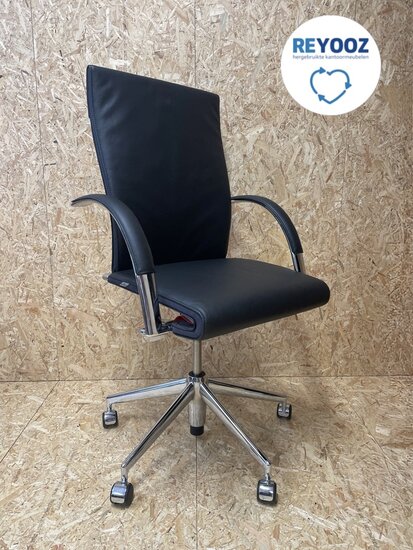 Ahrend 350 bureaustoel - zwart leer - chroom voetkruis - re-use