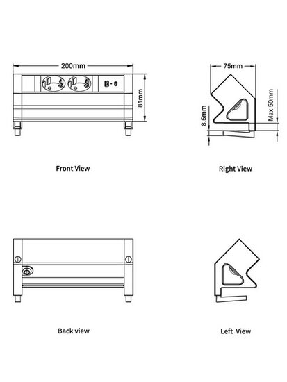 Universele opbouw powerdock zwart - 200mm - USB-A - USB-C - 220v