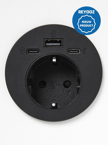 Universele inbouw powerbox - 60mm - zwart - 1x 220v - 1x USB-A - 1x USB-C - nieuw