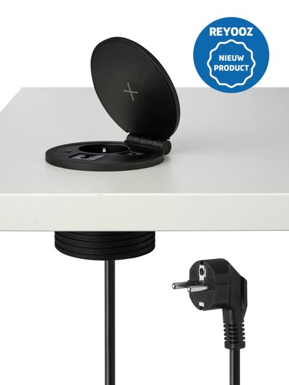 Universele inbouw powerbox met draadloze oplader - 80mm - zwart - 1x 220v - 2x USB-A - 1x USB-C - nieuw