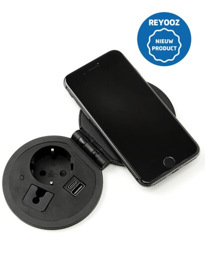 Universele inbouw powerbox met draadloze oplader - 80mm - zwart - 1x 220v - 2x USB-A - 1x USB-C - nieuw