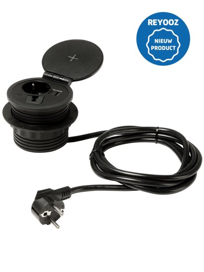 Universele inbouw powerbox met draadloze oplader - 80mm - zwart - 1x 220v - 2x USB-A - 1x USB-C - nieuw