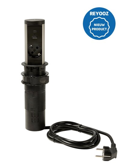 Universele inbouw popup powerbox - 60mm - zwart - 1x 220v - 1x USB-A - 1x USB-C - nieuw