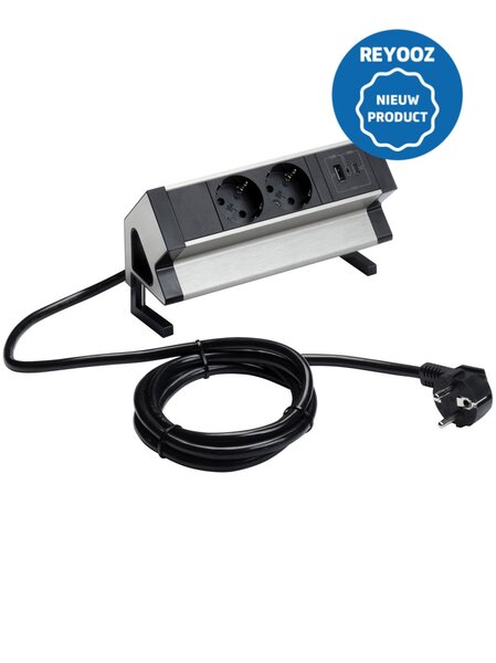 Universele opbouw powerdock - 200mm - zwart - 2x 220v - 1x USB-A - 1x USB-C - nieuw