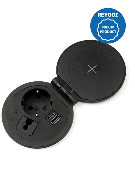 Universele inbouw powerbox met deksel - 80mm - zwart - 1x 220v - 1x USB-A - 1x USB-C - nieuw