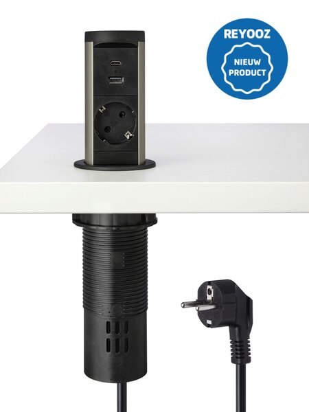 Universele popup inbouw powerbox - 60mm - zwart - 1x 220v - 1x USB-A - 1x USB-C - nieuw